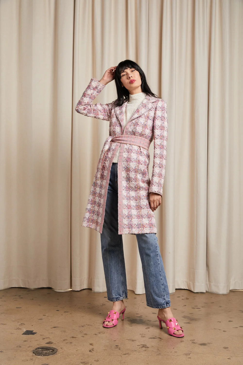 CHANEL Spring 2004 Pink + Pastel Tweed Wrap Longline Coat and